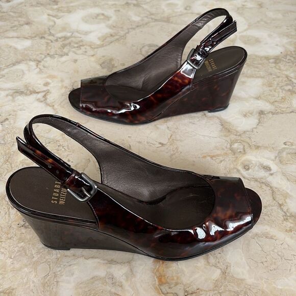 Stuart Weitzman Tortoise Shell Patent Leather Peep Toe Wedge Slingback Heels - Picture 5 of 13